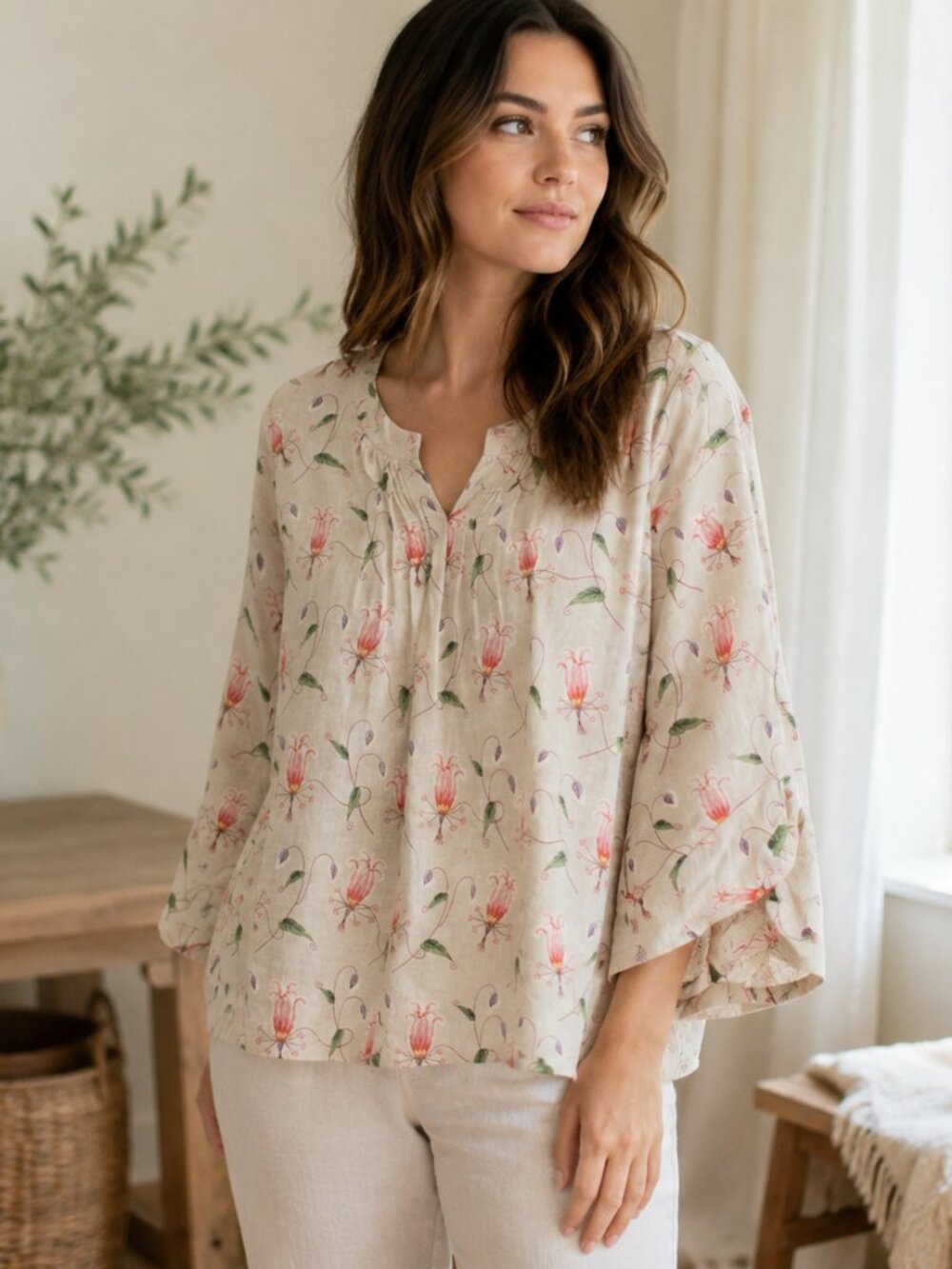 ✨2/$20 HD in Paris Anthropologie Ramie Bell Sleeve Floral Top Size 2 Boho Chic